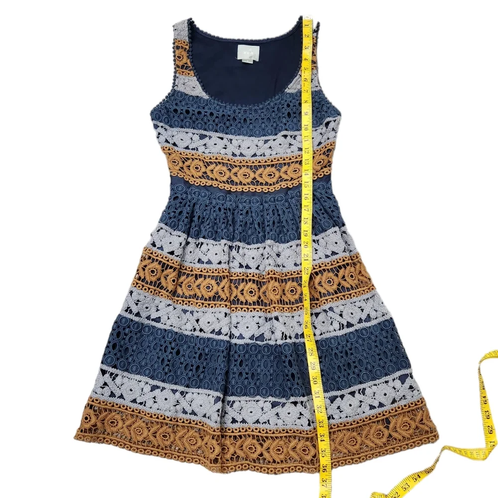 Maeve Crochet Mini Dress Gold Blue Striped Anthropologie Maeve Knit Lace 0